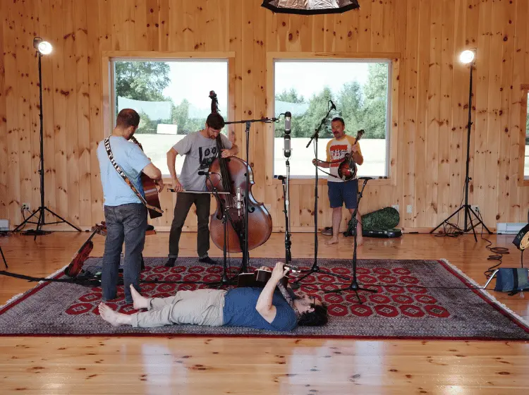 Warming up on set of a live recording for Grain Thief at Avaloch Farm Music Institute